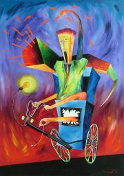 Kísérlet magnetikus hajtóművel 2, 1992, olaj, farost, 70 x 100 cm