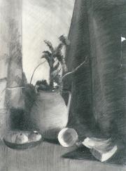 Csendélet tanulmány, szén, papír, 46 x 61 cm