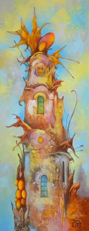 Borostyán torony 5., olaj, farost, 20x50 cm